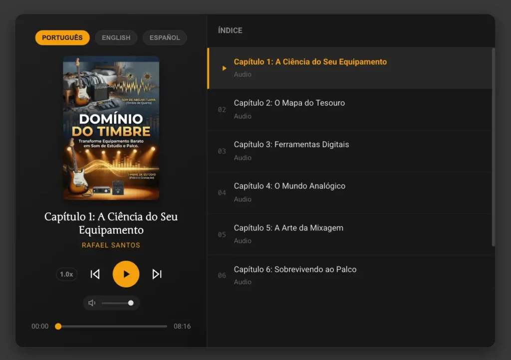Tela real do audiobook Domínio do Timbre com índice de capítulos e controles de reprodução.