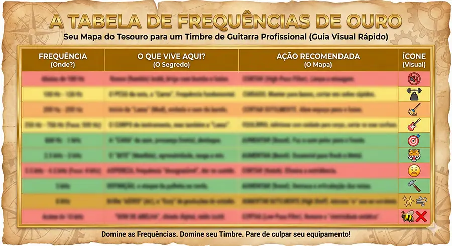 Tabela de frequências de ouro com regiões, características sonoras e ações recomendadas para guitarra.