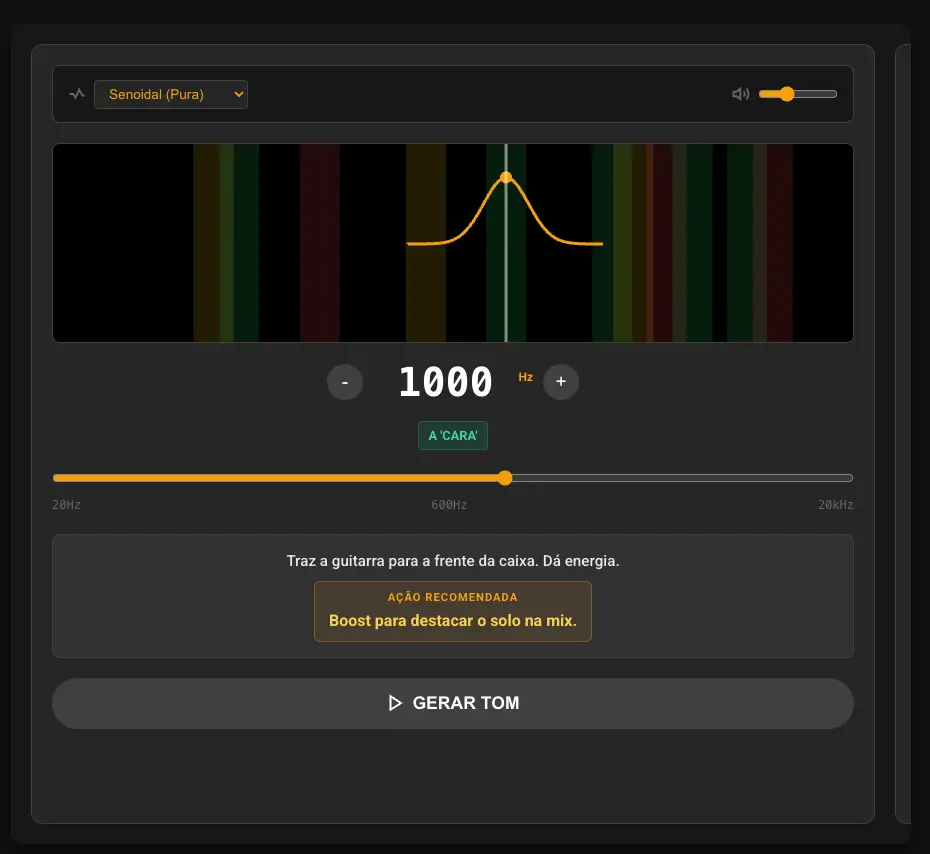 Tela real do laboratório Domínio do Timbre mostrando a frequência de 1 kHz e a ação recomendada para destacar o solo.
